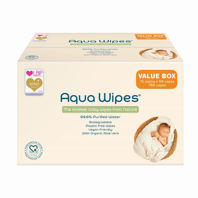 Aqua Wipes 100% biodégradable Baby Wipes Pack Jumbo 12 x 64 par pack